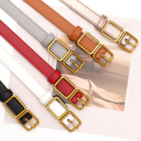 Damen Vintage Mode PU Leder Schmaler Gürtel Minimalistisch Gold Quadratische Schnalle Dünner Taillengürtel Für Kleider Hosen