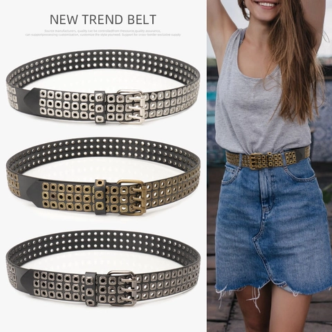 Punk Rock Kunstleder Gürtel Mit 3 Reihen Metallösen Dreifache Dornschließe Unisex Hip Hop Taillengürtel Für Jeans Casual Hosen