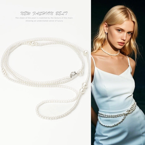 Catena da Vita in Perla Artificiale Multistrato Retrò Francese per Donna Elegante Cintura Decorativa per Abito Lungo Gioielli