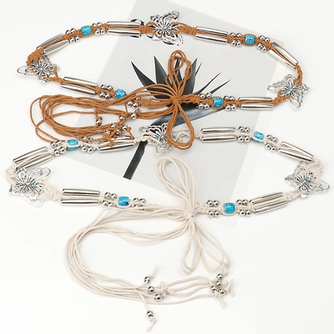 Cinturón de Cuerda de Cera Trenzado a Mano Bohemio Mujer Vintage Étnico Mariposa Decoración Turquesa Cadena de Cintura Borla