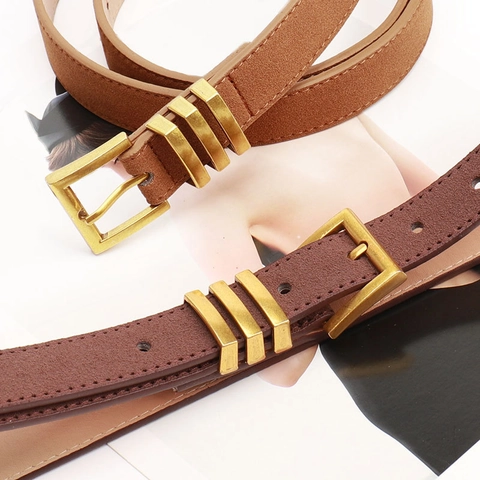 Vintage Suede Faux Leather Belt For Women Distressed Alloy Three Ring Buckle Fashion Waist Strap For Jeans Dresses Pants