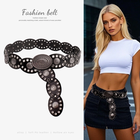Vintage Bohemian Wide Belt For Women Retro Oval Carved Alloy Buckle Hollow Out Spliced Faux Leather Waist Belt Decorative Belt