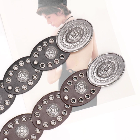 Vintage Bohemian Wide Belt For Women Retro Oval Carved Alloy Buckle Hollow Out Spliced Faux Leather Waist Belt Decorative Belt