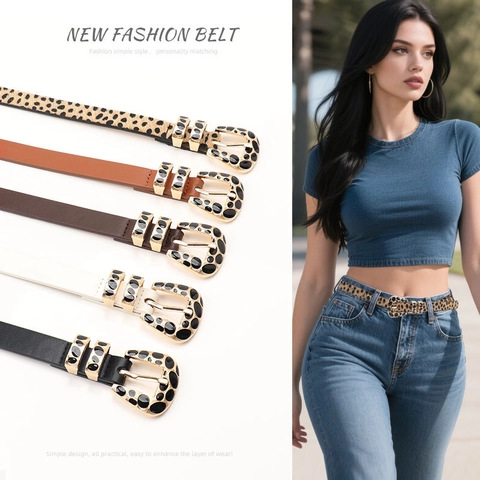 Women Vintage Leopard Print Thin Belt Luxury Fashion Y2K Style Imitation Leather Waist Belt Decorative Alloy Pin Buckle Casual Commuting Accessory