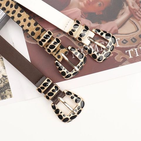 Women Vintage Leopard Print Thin Belt Luxury Fashion Y2K Style Imitation Leather Waist Belt Decorative Alloy Pin Buckle Casual Commuting Accessory