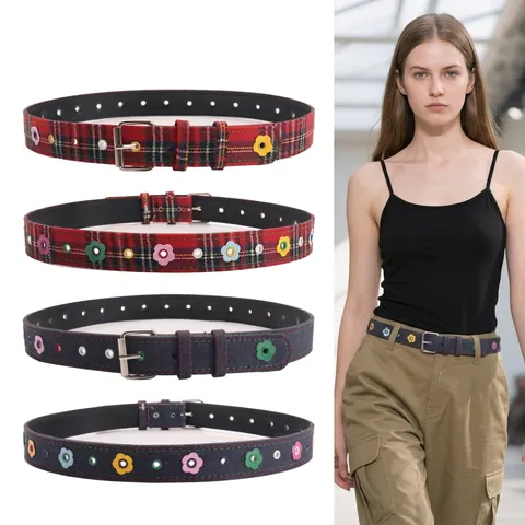 Fashion Dopamine Women Flower Plaid Belt Denim Decorative Waistband With Metal Pin Buckle Retro Y2K Style For Jeans Accessories