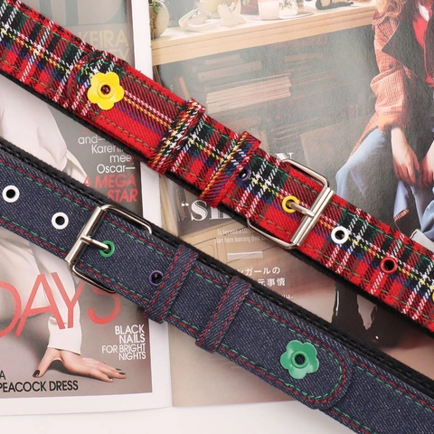 Fashion Dopamine Women Flower Plaid Belt Denim Decorative Waistband With Metal Pin Buckle Retro Y2K Style For Jeans Accessories