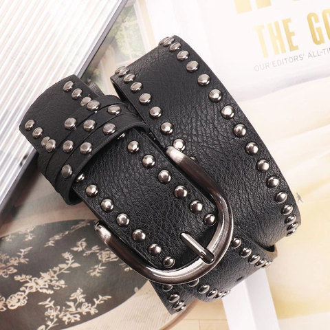 Punk Gothic Stern Nieten Gürtel Für Herren Damen PU Leder Streetwear Hip Hop Doppelt Drei Reihen Genietet Jeans Hüftgurt