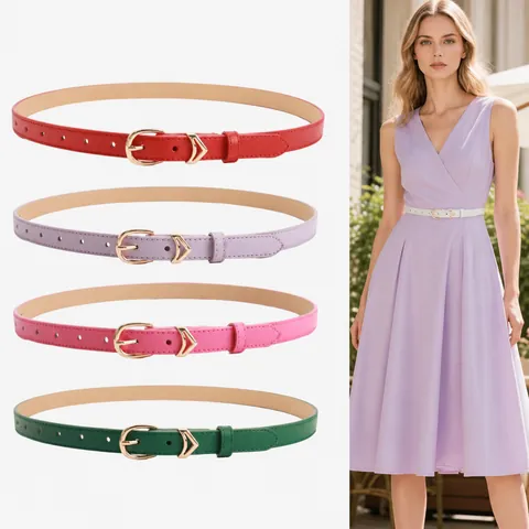 Elegante Cintura Sottile da Donna in Ecopelle Con Fibbia ad Ardiglione in Lega Dorata Decorazione a V Versatile Per Abiti