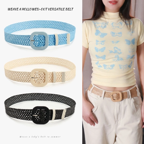 Ceinture pour Femmes en Similicuir Style Pastoral Design Tissé Ajouré Boucle Carrée Décorative pour Robes Jeans Accessoires Mode