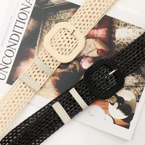Ceinture pour Femmes en Similicuir Style Pastoral Design Tissé Ajouré Boucle Carrée Décorative pour Robes Jeans Accessoires Mode