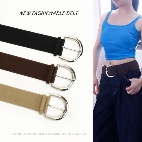Cintura Larga da Donna in Pelle Scamosciata PU Vintage Stile Y2K Con Fibbia a Ferro di Cavallo in Lega Nero Cachi Caffè Accessorio