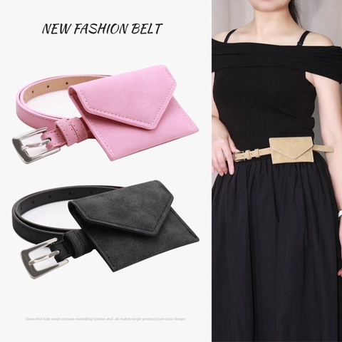 Damen Vintage Kunstleder Gürtel Mit Abnehmbarer Mini Umschlag Gürteltasche Mode Vielseitiger Bund Für Kleider Schmale Schnalle