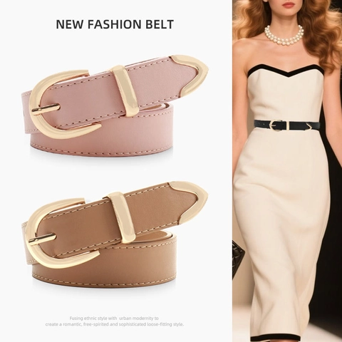 Cintura da Donna in Ecopelle alla Moda con Fibbia a Ferro di Cavallo in Lega Dorata Cintura Decorativa Sottile Retro per Abiti Pantaloni