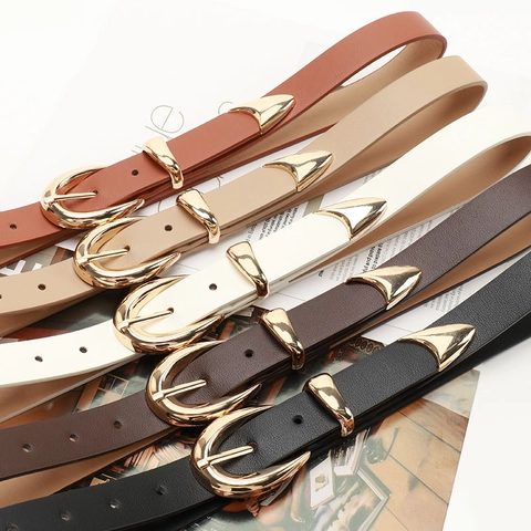 Women's Skinny Artificial Leather Belt Retro Minimalist Waistband With Gold Alloy Buckle Three-Piece Hardware Hardware Design Elegant Jeans Belt