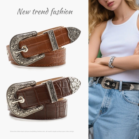 Damen Retro Western Cowboy Gürtel Geschnitzte Legierung Schnalle Krokodil Prägung PU Leder Taillengürtel Boho Mode Dekoratives Accessoire