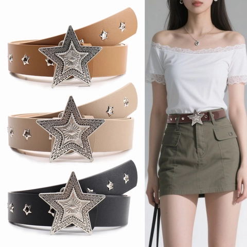 Women Punk Star Buckle Faux Leather Belt Y2K Pentagram Rivet Hollow Eyelet Jeans Waistband Retro Fashion Decorative Waist Belt