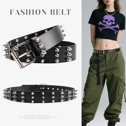 Cintura Unisex Punk Rock in Pelle PU Nera con Tre File di Borchie e Spuntoni in Metallo Argento Hip Hop Streetwear