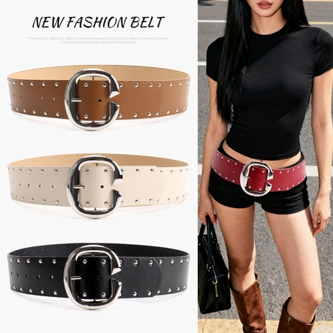 Damen Breiter Punk Gürtel Große C Metallschnalle Kunstleder Zweireihiger Nietengürtel Für Kleider Jeans Casual Accessoires