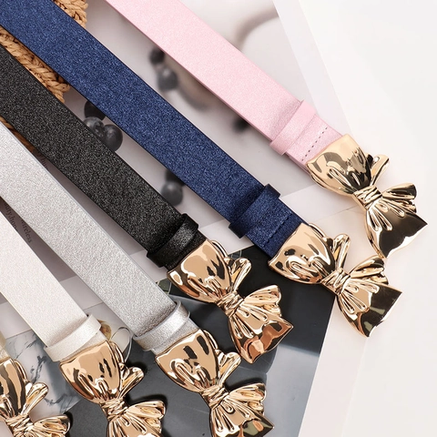Women's Elegant PU Leather Belt With Golden Bow Buckle Versatile Shiny Waistband For Jeans Dresses Fashion Accessories