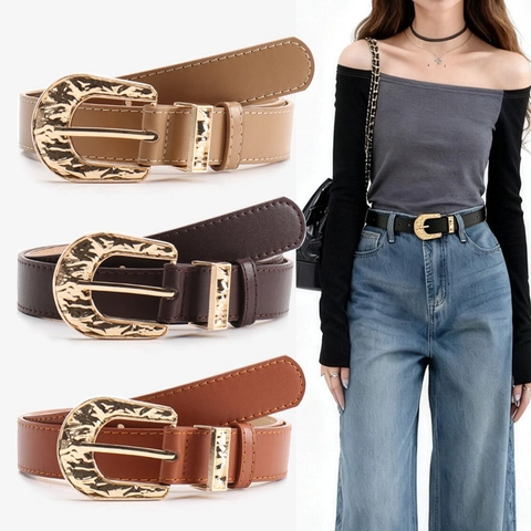Cintura da Donna Stile Coreano in Ecopelle Vintage Fibbia in Lega Texture Martellata Cinturino Decorativo per Jeans Abiti