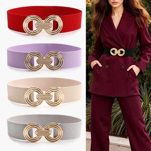 Ceinture Élastique Femme avec Boucle Double Anneau en Alliage Doré Ceinture Stretch Polyvalente pour Robes Manteaux