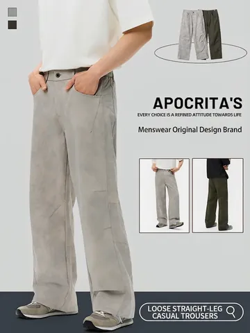 Pantaloni Casual Uomo in Poliestere Vintage Gamba Dritta Larga Retro Invecchiato Lavato Tinta Unita Streetwear Moda Lunghi