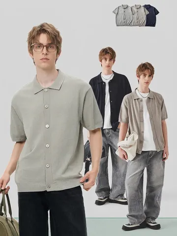 Cardigan Polo da Uomo in Maglia a Maniche Corte Casual con Bottoni sul Davanti Top Tinta Unita Moda Estiva