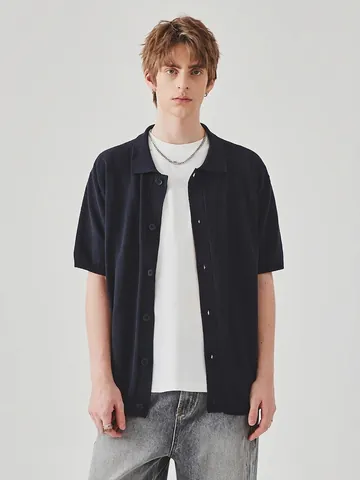 Cardigan Polo da Uomo in Maglia a Maniche Corte Casual con Bottoni sul Davanti Top Tinta Unita Moda Estiva