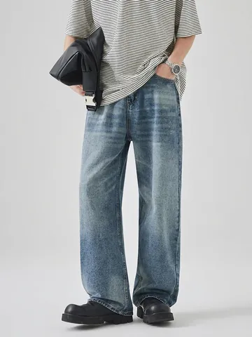 Uomo American Vintage Distressed Ripped Jeans Blu Lavato Largo Gamba Dritta Denim Pantaloni High Street Moda Pantaloni Lunghi