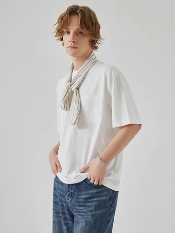 Heren Casual Katoenmix T-shirt met Korte Mouwen Ruime Pasvorm Ronde Hals Zak Tee Basic Effen Kleur Zomer Top