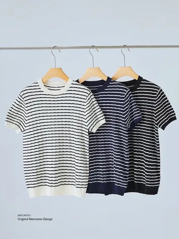 Heren Gestreepte Korte Mouw Gebreid T-Shirt Slim Fit Ronde Hals Casual Dun Gebreid Topje Voor Heren Zomer Mode