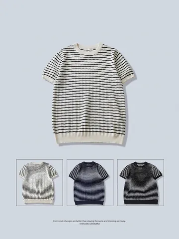 Heren Gestreepte Korte Mouw Gebreid T-Shirt Slim Fit Ronde Hals Casual Dun Gebreid Topje Voor Heren Zomer Mode