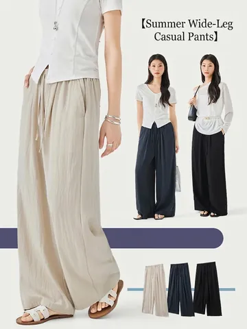 Women Summer Thin Casual Wide Leg Pants Loose High Waist Drawstring Trousers Solid Color Breathable Rayon Nylon Trousers
