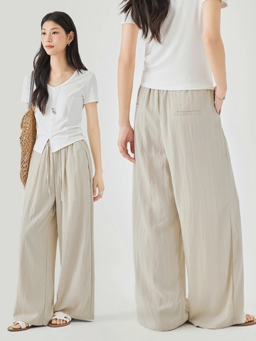 Women Summer Thin Casual Wide Leg Pants Loose High Waist Drawstring Trousers Solid Color Breathable Rayon Nylon Trousers