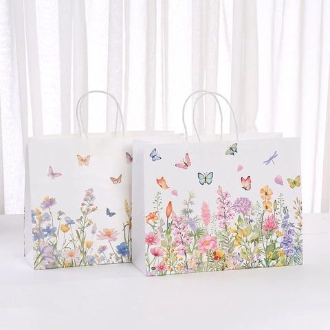 Aquarel Bloem Vlinder Print Kraft Papier Cadeautas Grote Capaciteit Draagbare Shopping Handtas Voor Bruiloft Verjaardagsfeest