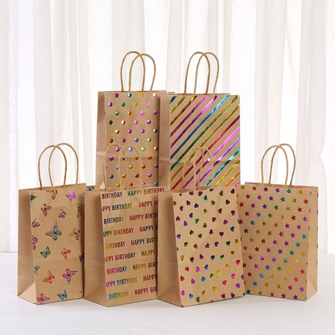 Kraft Paper Gift Bags With Colorful Hot Stamping Heart Stripe Star Pattern For Birthday Party Wedding Handheld Paper Bag
