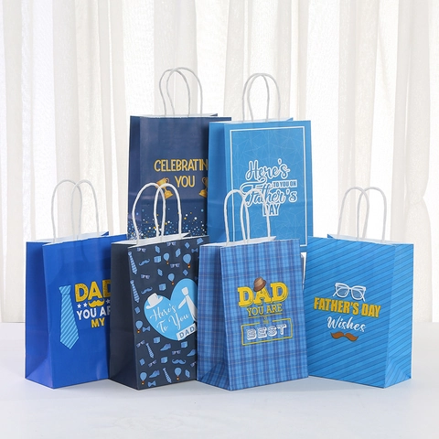 Vaderdag Kraftpapier Geschenkzakken Cartoon Snor Stropdas Bedrukt Blauwe Geschenkverpakking Zakken Voor Papa Verjaardagsfeest