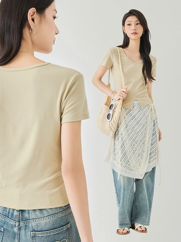 Women V Neck Short Sleeve T Shirt Viscose Spandex Slim Fit Solid Color Button Front Summer Basic Casual Crop Top Tee