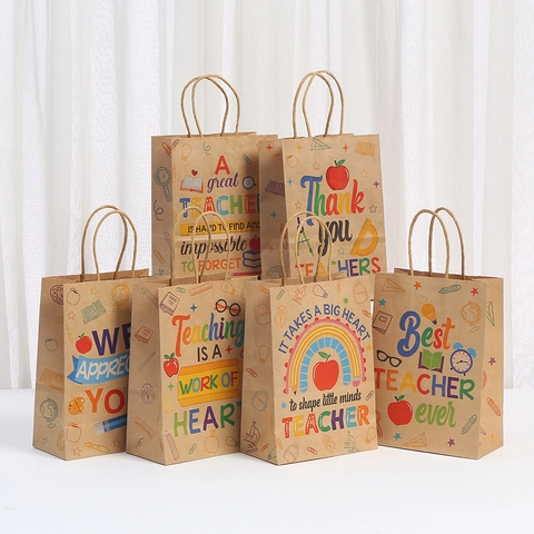 Kraft Paper Gift Bags With Teacher Appreciation Quotes Cartoon School Elements Printing Handled Party Bags For Teacher's Day Appreciation