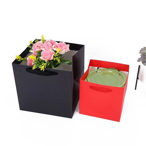 Square Kraft Paper Gift Bag Portable Flower Packaging Bag With Handles Solid Color Cake Box For Wedding Party Celebration