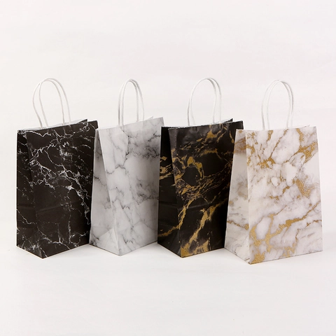 Marble Pattern Kraft Paper Gift Bag With Handle Modern Minimalist Shopping Handbag For Wedding Party Favor Packaging