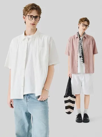 Camicia Casual da Uomo a Maniche Corte in Misto Cotone Traspirante con Bottoni e Revers Tasca Vestibilità Larga Tinta Unita Estate Moda Camicie