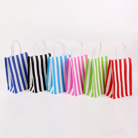 Vertical Stripe Kraft Paper Gift Bags With Handles For Shopping Party Wedding Colorful Tote Paper Packaging Bags Bulk