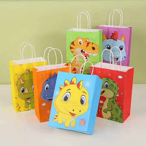 Sacchetti Regalo in Carta Kraft a Cartoni Animati di Dinosauri Per Feste di Compleanno per Bambini Con Manici Stili Multipli