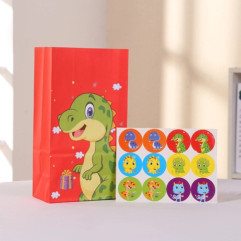 Cartoon Dinosaur Paper Gift Bags With Stickers For Kids Birthday Party Favors Dinosaur Theme Treat Bags For Cookies Candy