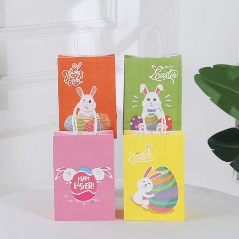 Bolsa de Regalo de Conejo de Pascua de Dibujos Animados de Papel Kraft Para Celebración de Festividades Patrón de Huevo de Color