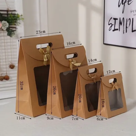 Sacchetto Regalo in Carta Kraft Con Finestra Trasparente Fiocco di Nastro Oro per Matrimonio Compleanno Festa Abbigliamento Shopping Confezione