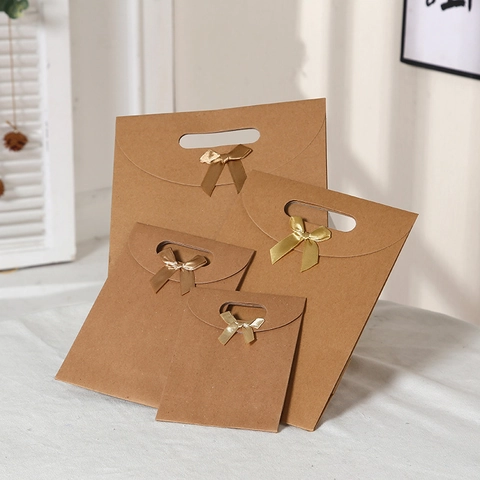 Elegant Kraft Paper Gift Bags With Ribbon Bow Minimalist Handheld Solid Color Present Wrap Bags For Wedding Birthday Festival