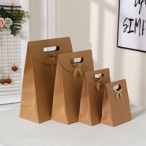 Elegant Kraft Paper Gift Bags With Ribbon Bow Minimalist Handheld Solid Color Present Wrap Bags For Wedding Birthday Festival